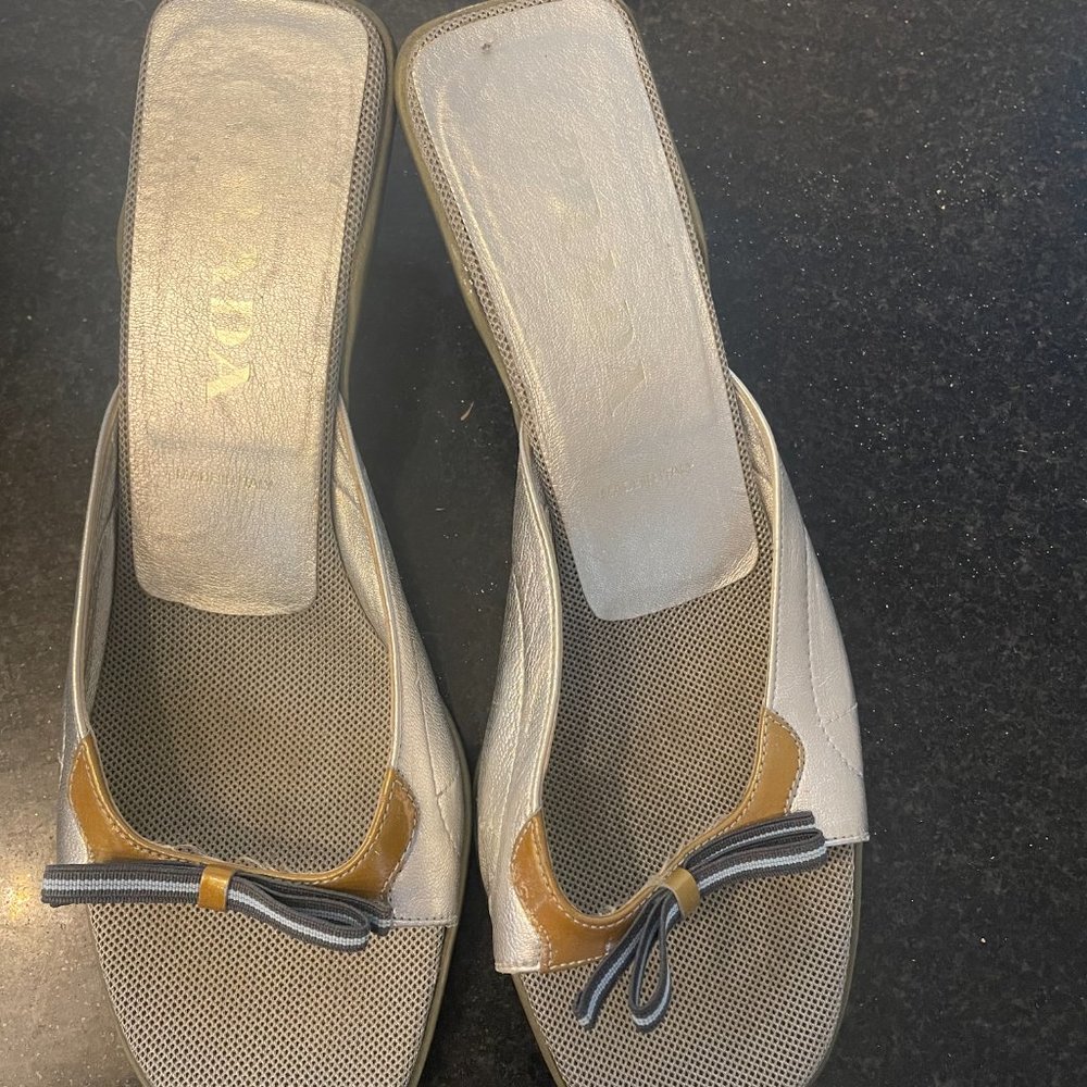 Prada Peep Toe Mules Silver with Blue Bow and Blue 2" heel Size 8